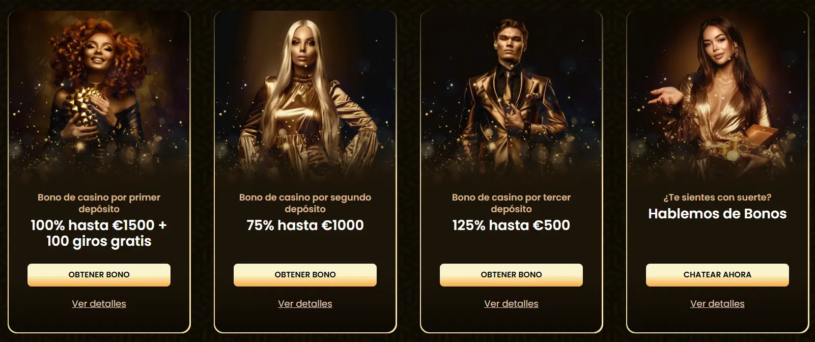 Paquete de bienvenida de GoldSpin casino: 100% hasta 1500 €, 75% hasta 1000 € y 125% hasta 500 €