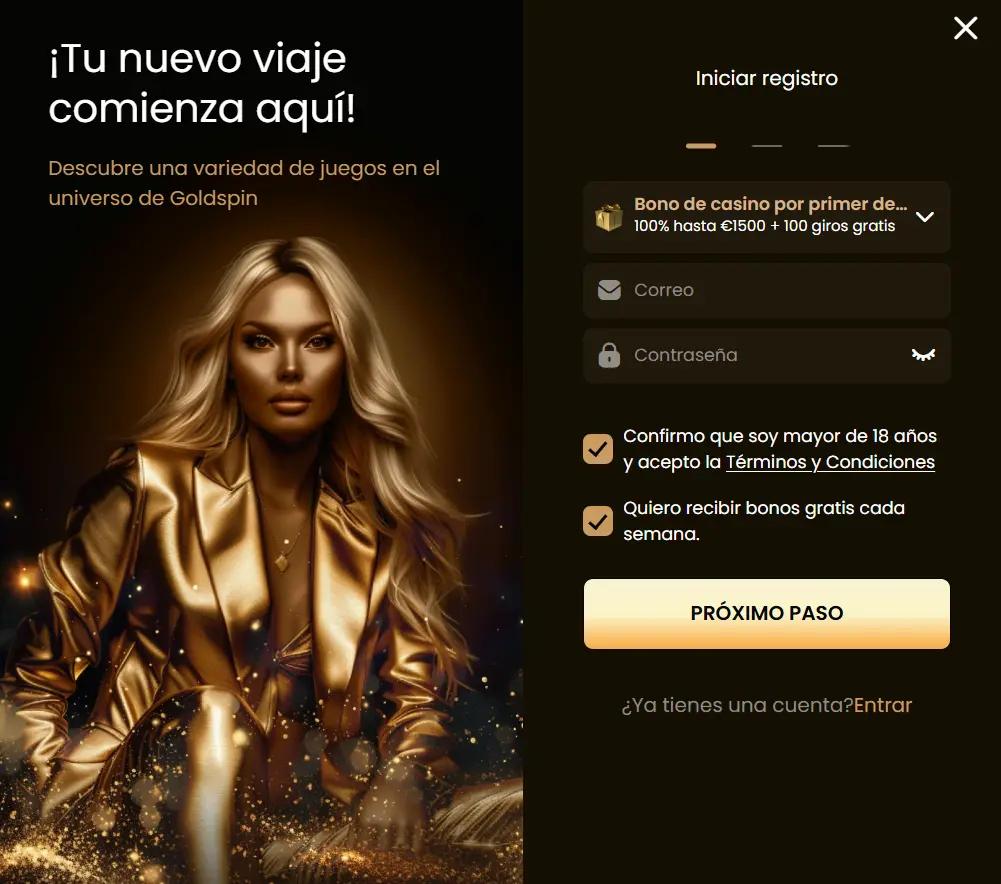 Formulario de registro de GoldSpin casino con correo, contraseña y confirmación de mayoría de edad